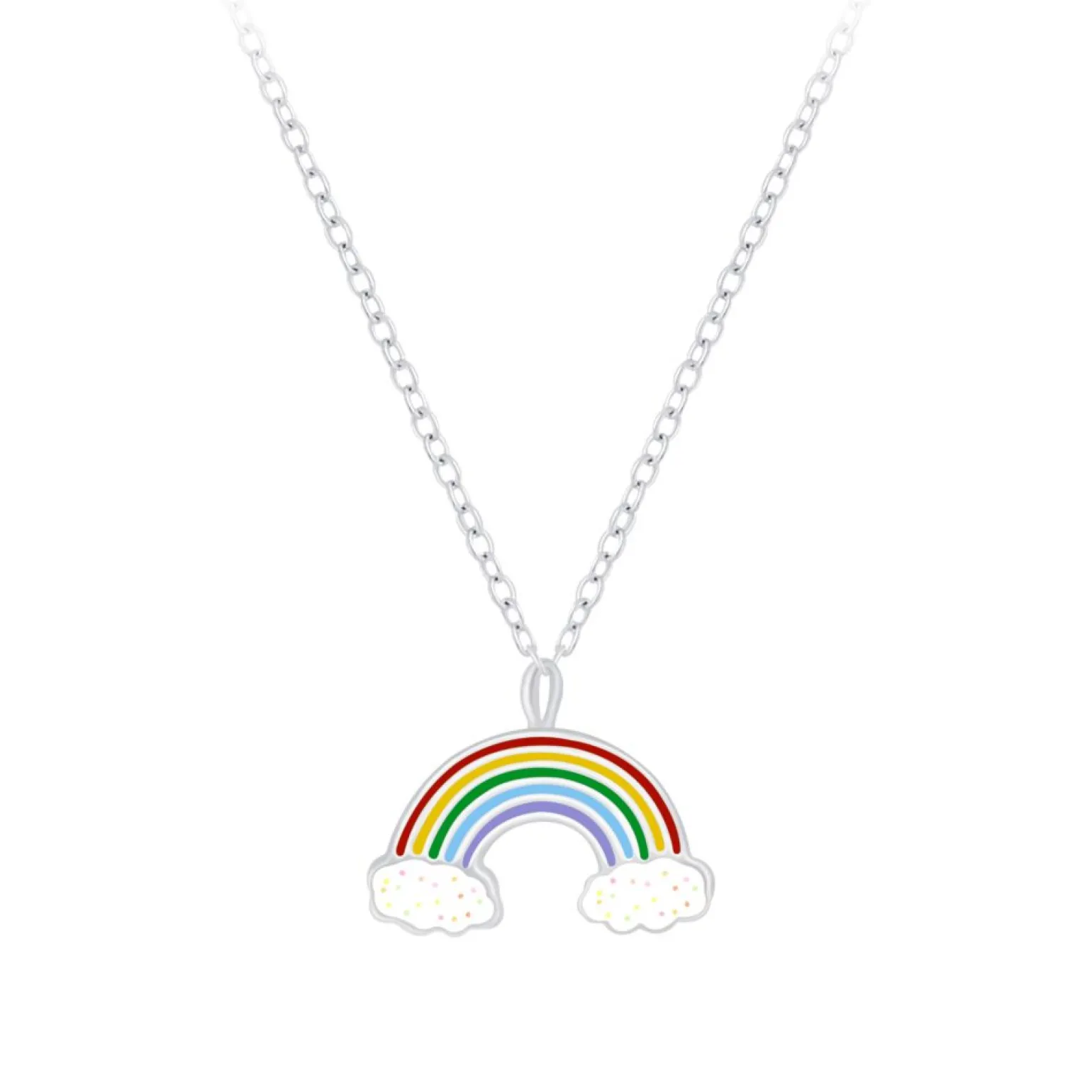 Zilveren ketting met hanger, regenboog met wolkjes