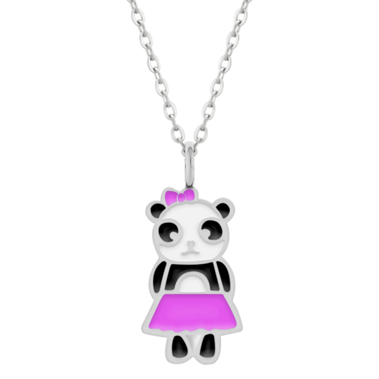 Zilveren ketting met hanger, panda met roze rokje en strikje