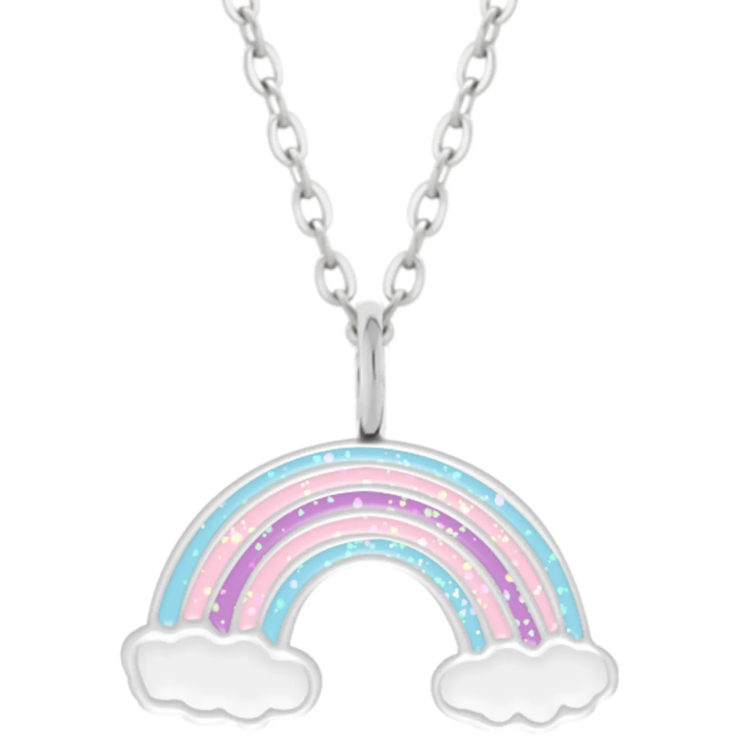Zilveren ketting met hanger, regenboog met glitters en wolkjes