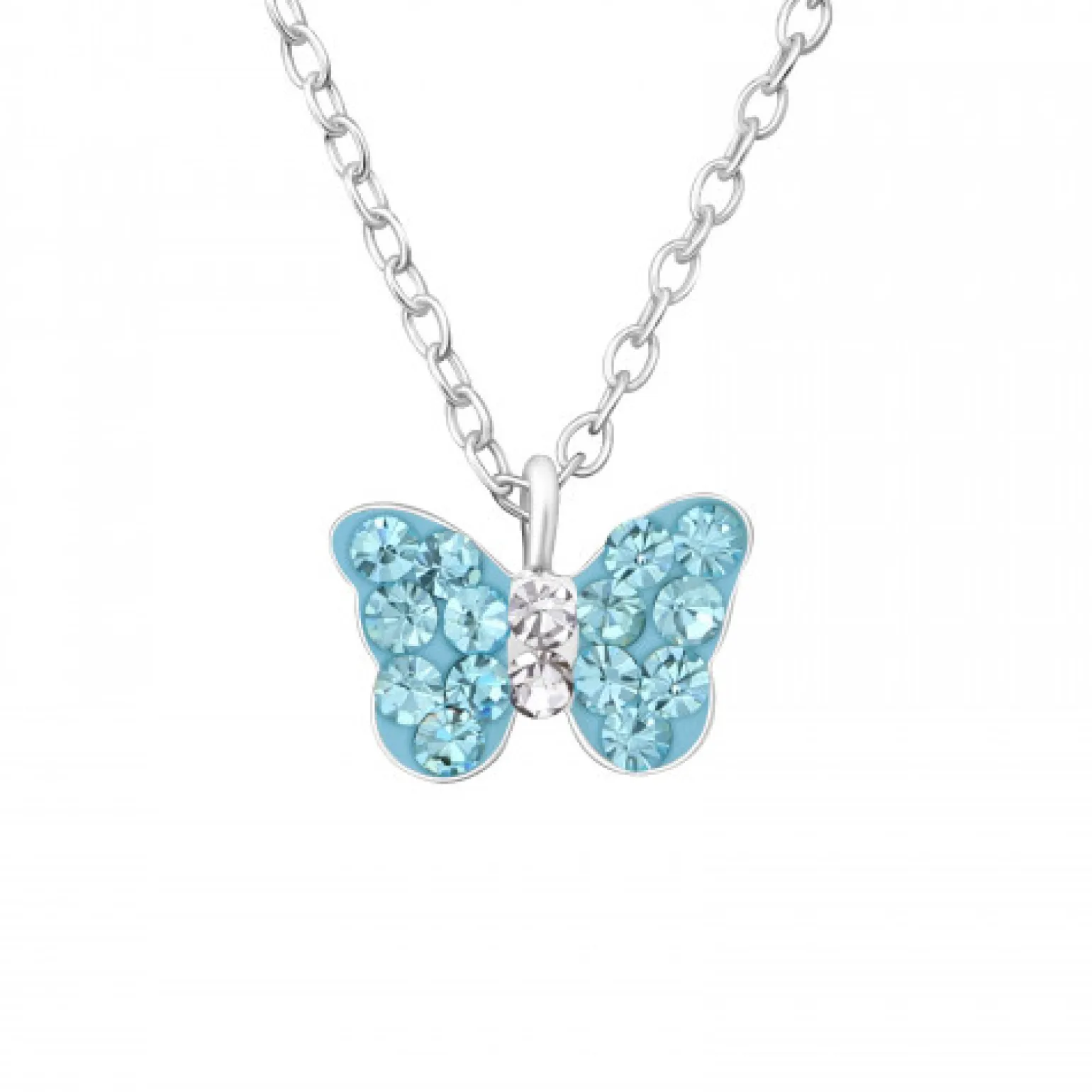 Zilveren ketting met hanger, vlinder, blauw met wit