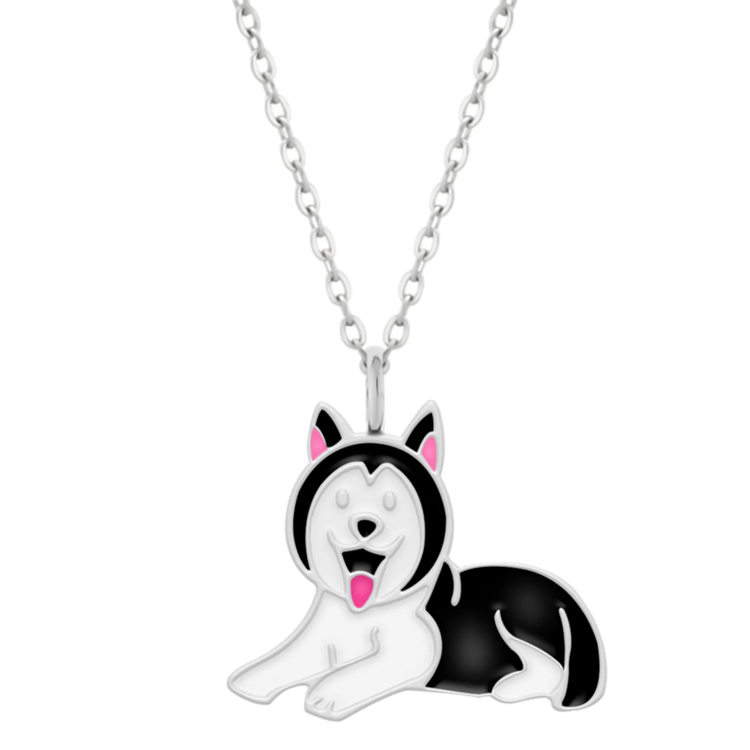 Zilveren ketting met hanger, zwarte husky