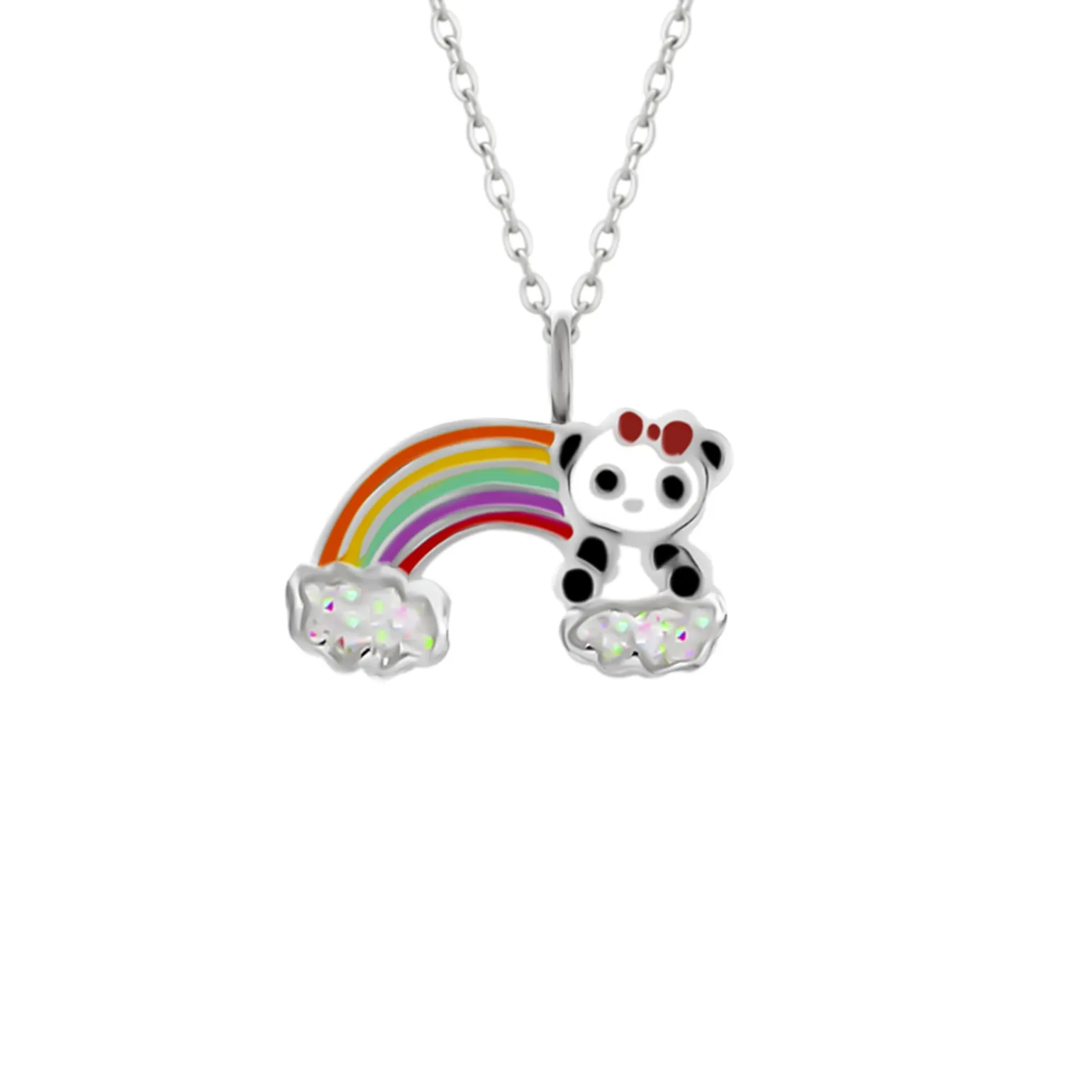 Zilveren ketting met hanger, panda met glitterwolken en regenboog