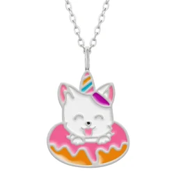 Zilveren ketting met hanger, witte eenhoornkatje in donut