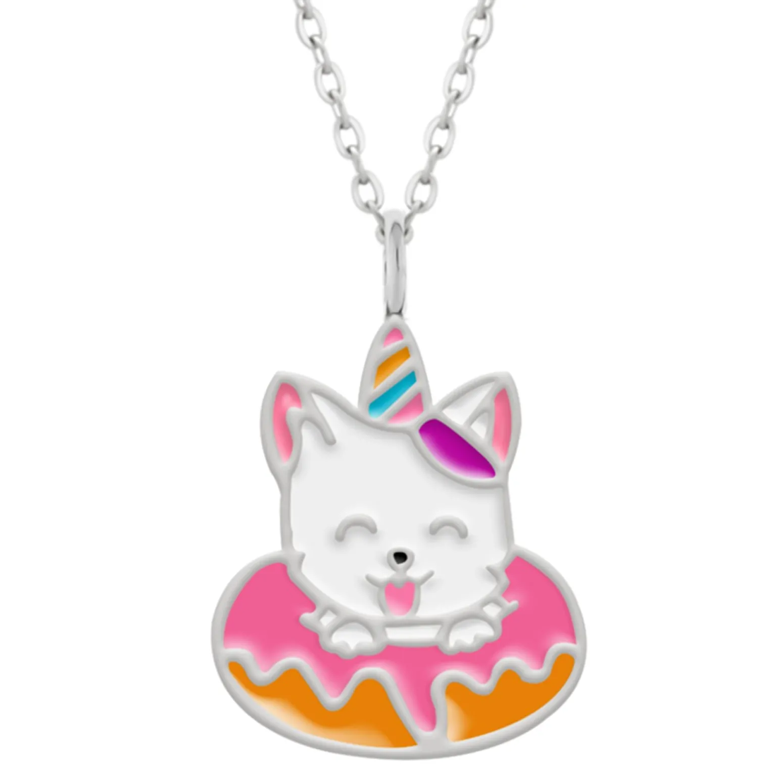 Zilveren ketting met hanger, witte eenhoornkatje in donut