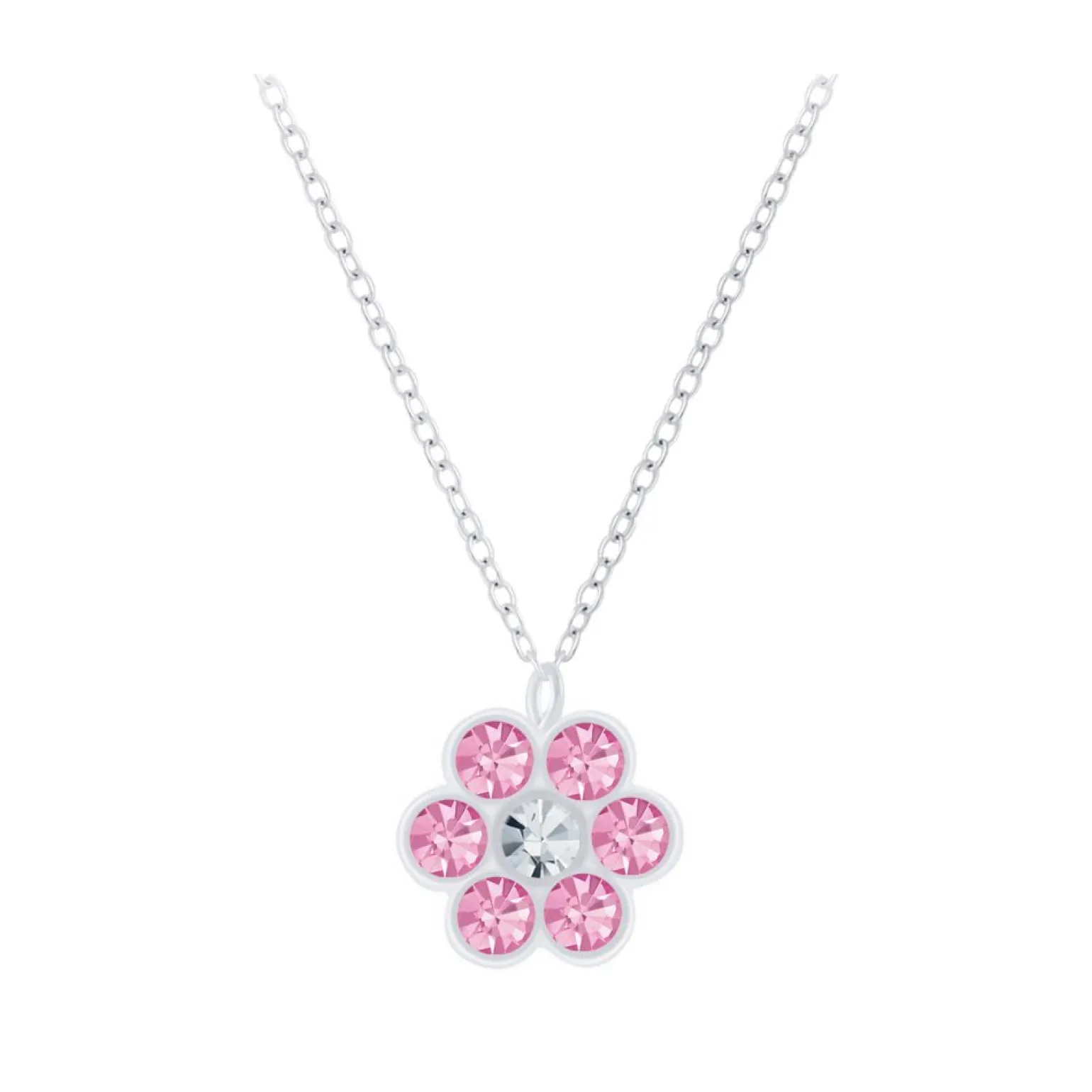 Zilveren ketting met hanger, bloem met roze kristallen