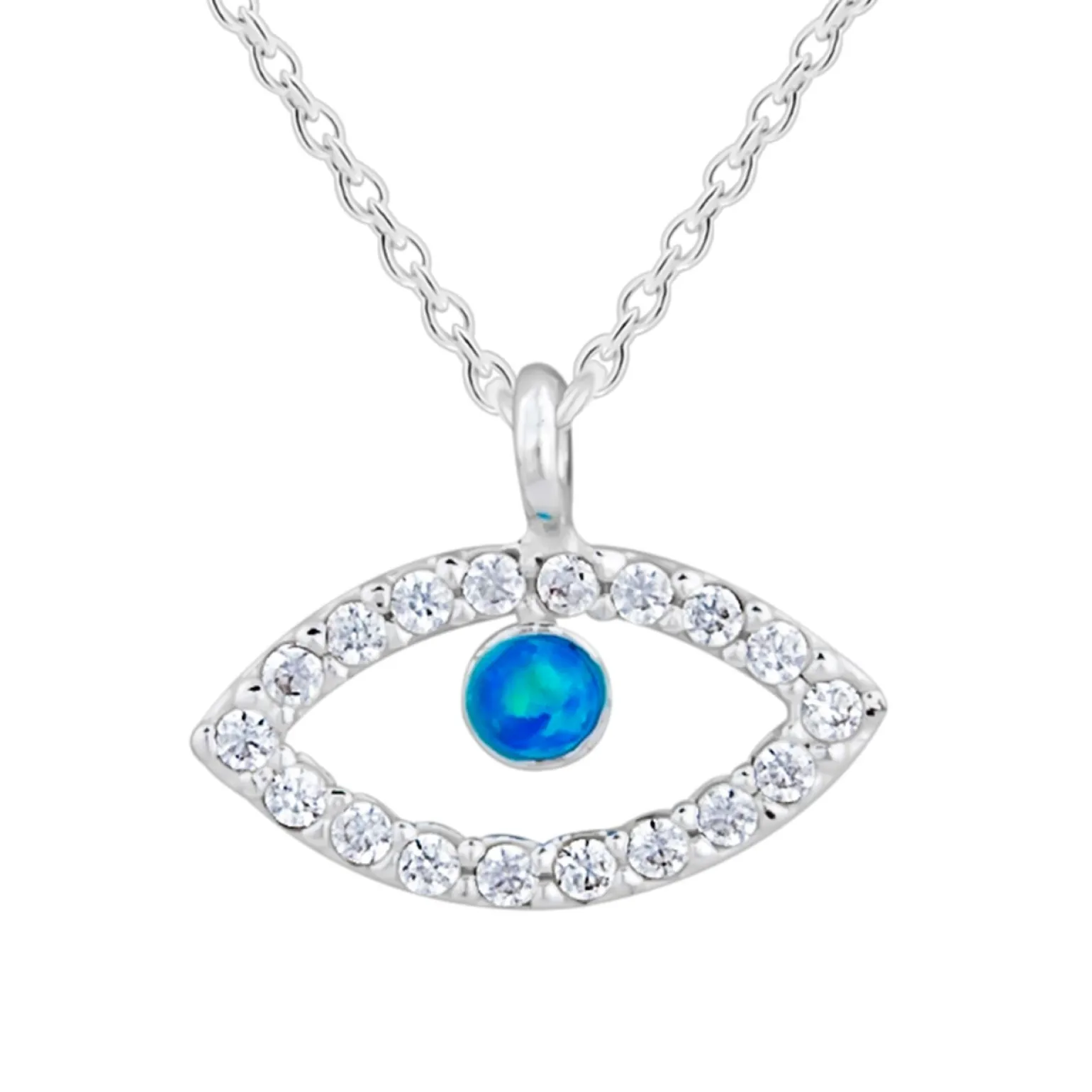 Zilveren ketting met hanger, oog met kristallen en blauwe opaal