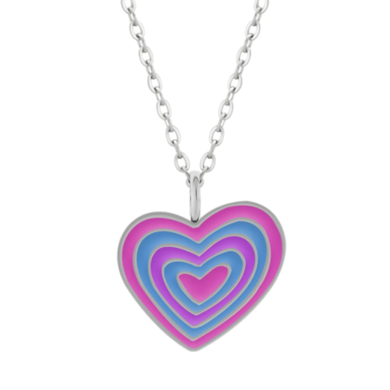 Zilveren ketting met hanger, hart in roze, paars en blauw