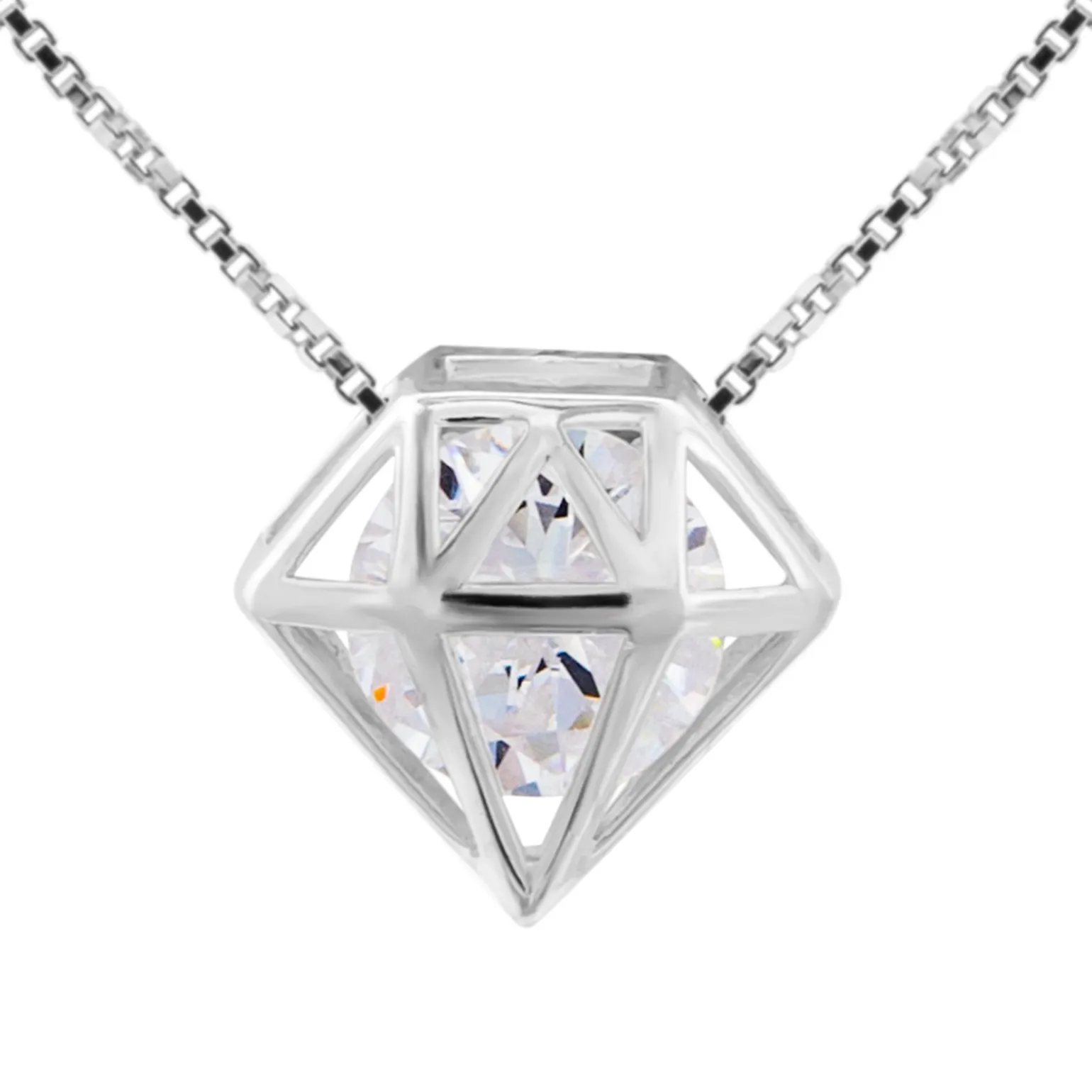 Zilveren ketting met hanger, opengewerkte diamantvorm met kristal