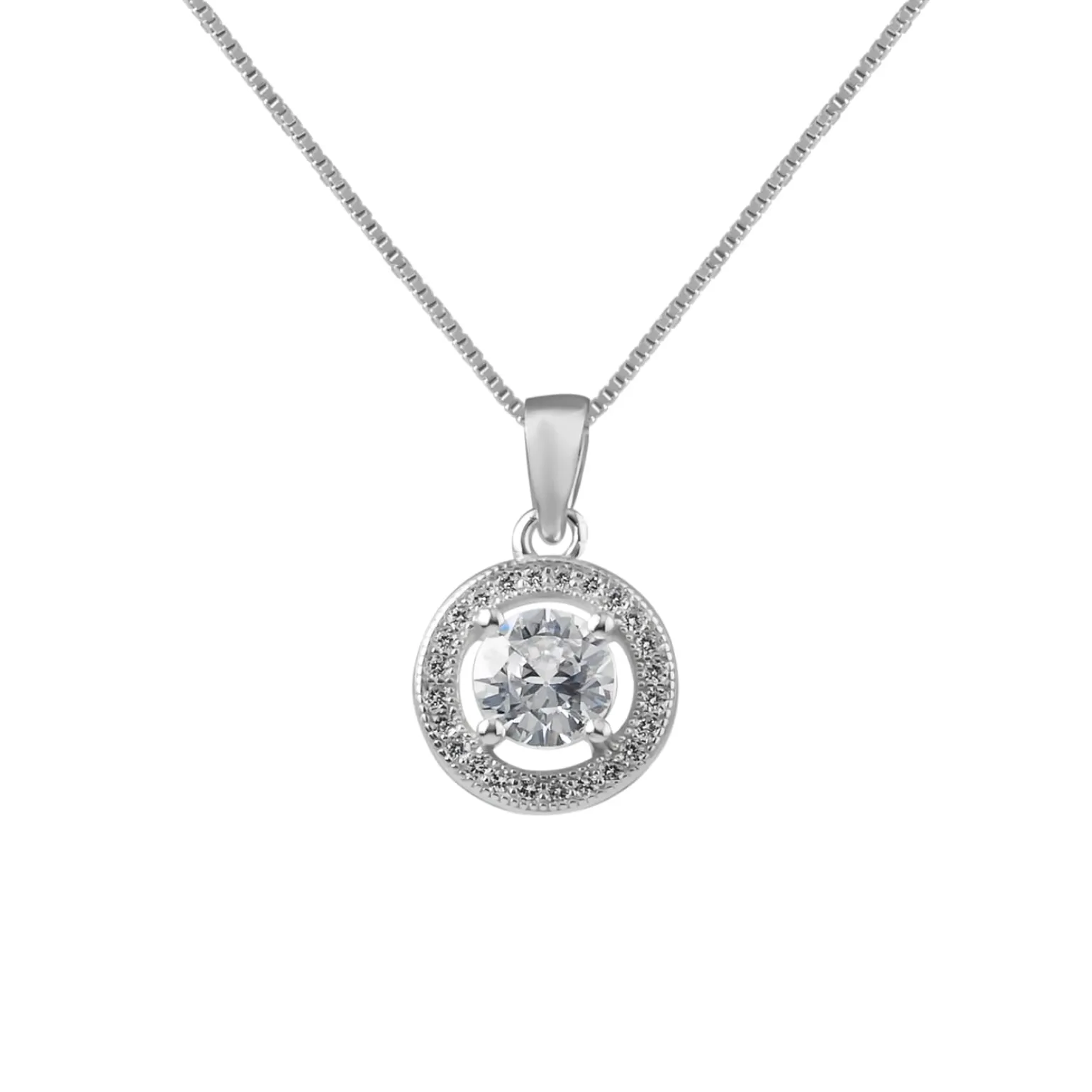 Zilveren ketting met hanger, cirkel met veel kristallen