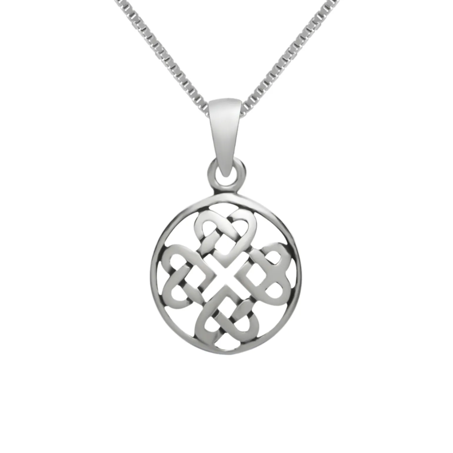 Zilveren ketting met hanger, oneindige knoop van hartjes
