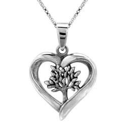 Zilveren ketting met hanger, opengewerkt hart met levensboom