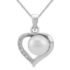 Zilveren ketting met hanger, hart met parel en Zirkonia kristallen