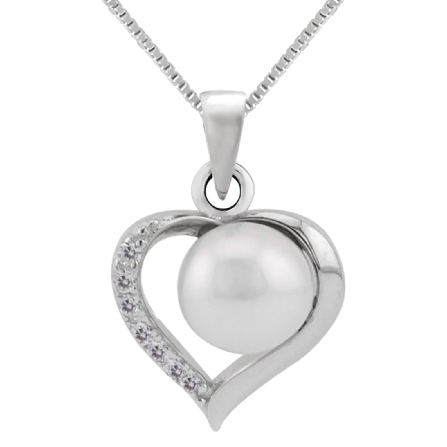 Zilveren ketting met hanger, hart met parel en Zirkonia kristallen