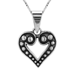 Zilveren ketting met hanger, opengewerkt hart met geoxideerde delen en bolletjes