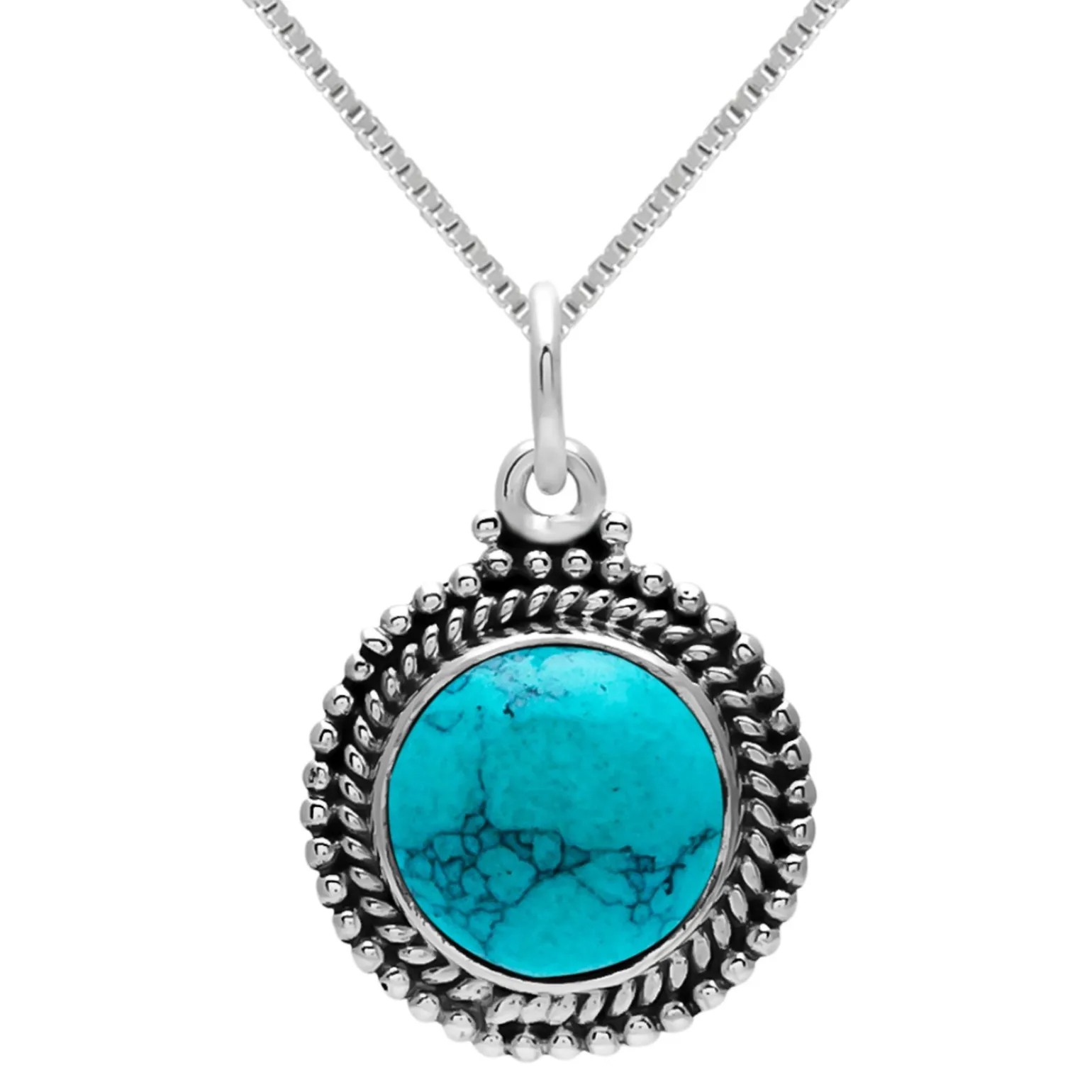 Zilveren ketting met hanger, ronde turquiose steen met bewerkte rand