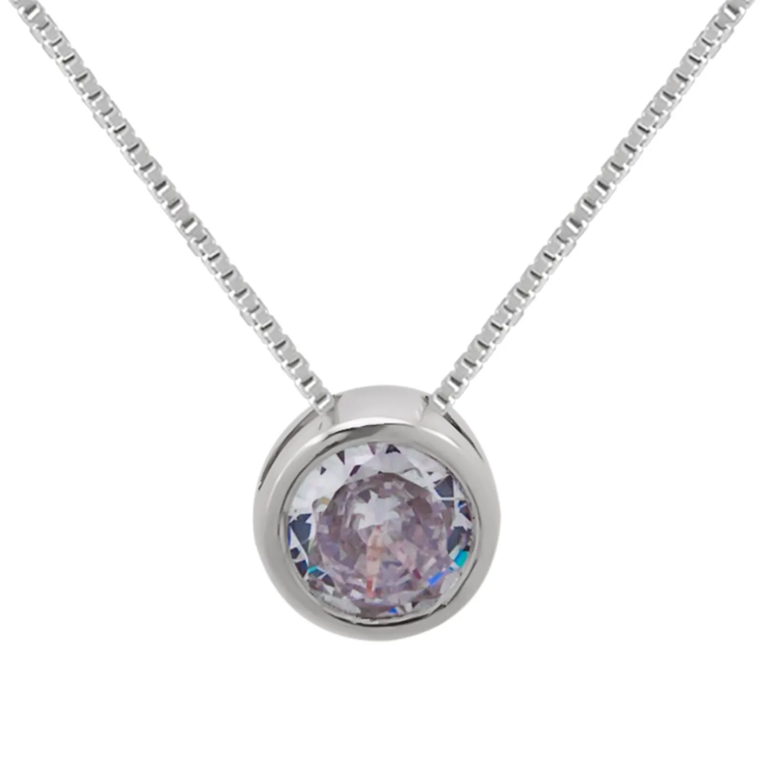 Zilveren ketting, rond kristal met gladde rand