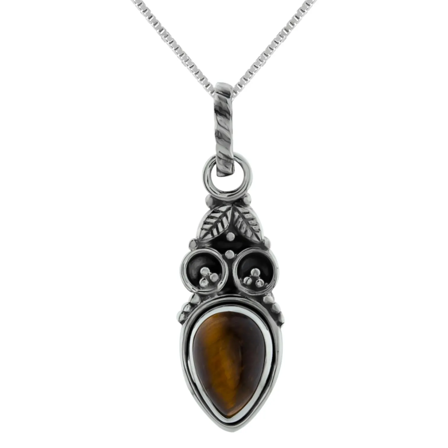 Zilveren ketting, tiger eye steen met blaadjes en geoxideerde delen