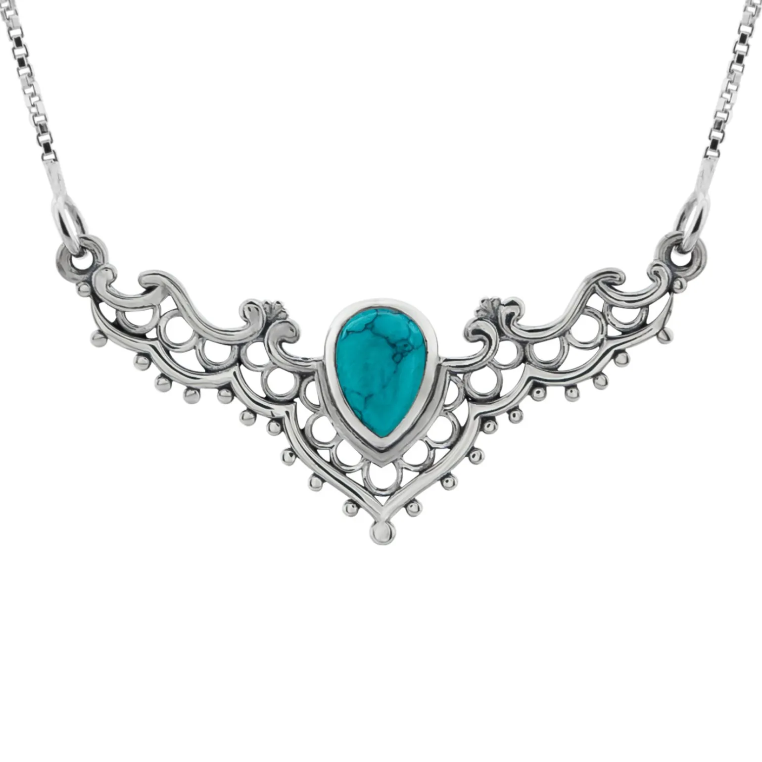Zilveren ketting, Turkoois of Turquoise steen met sierlijke bewerkingen