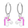 Zilveren oorbellen met hanger, eenhoornhoofd met roze zonnebril