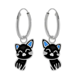 Zilveren oorbellen met hanger, zwarte kat met blauwe oren
