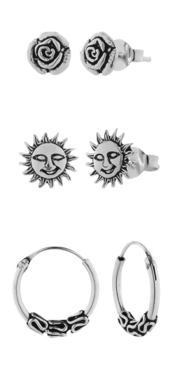 Zilveren oorbellen set, Bali hoop, zonnetje en roos