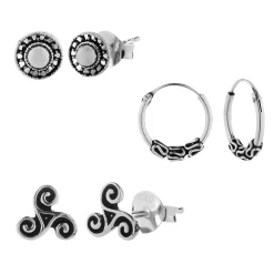 Zilveren oorbellen set, triskele, Bali hoop en versierd knopje