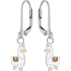 Zilveren oorhangers, alpaca unicorn met regenboog zadel