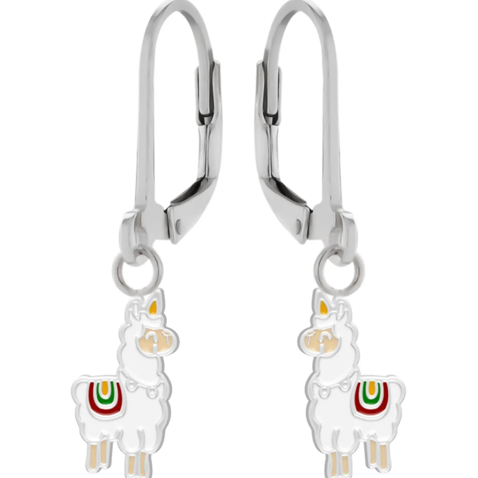 Zilveren oorhangers, alpaca unicorn met regenboog zadel