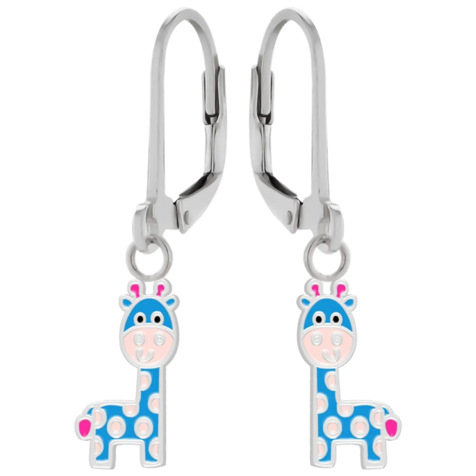 Zilveren oorhangers, blauwe giraf met roze vlekken