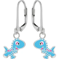 Zilveren oorhangers, blauwe dinosaurus