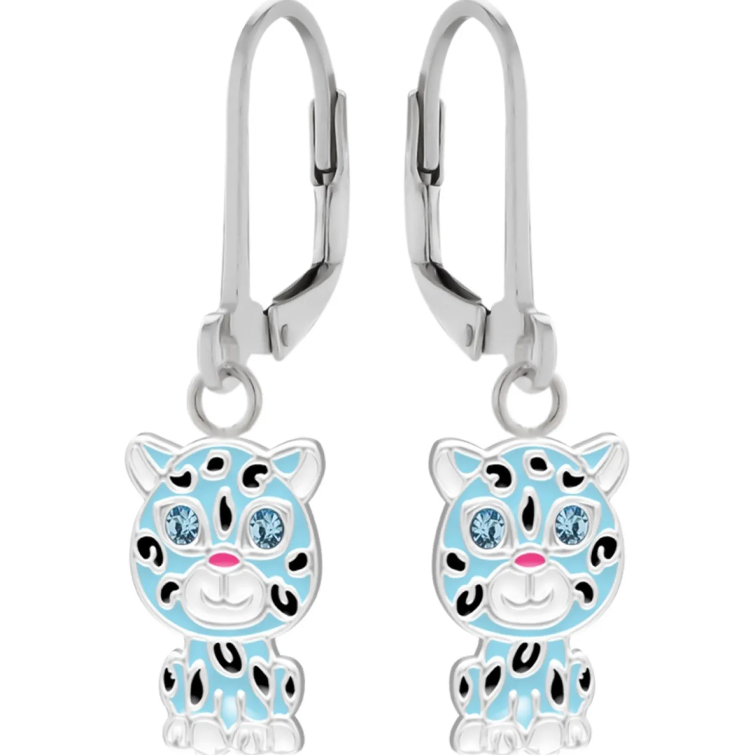 Zilveren oorhangers, blauwe tijger met ogen van kristal
