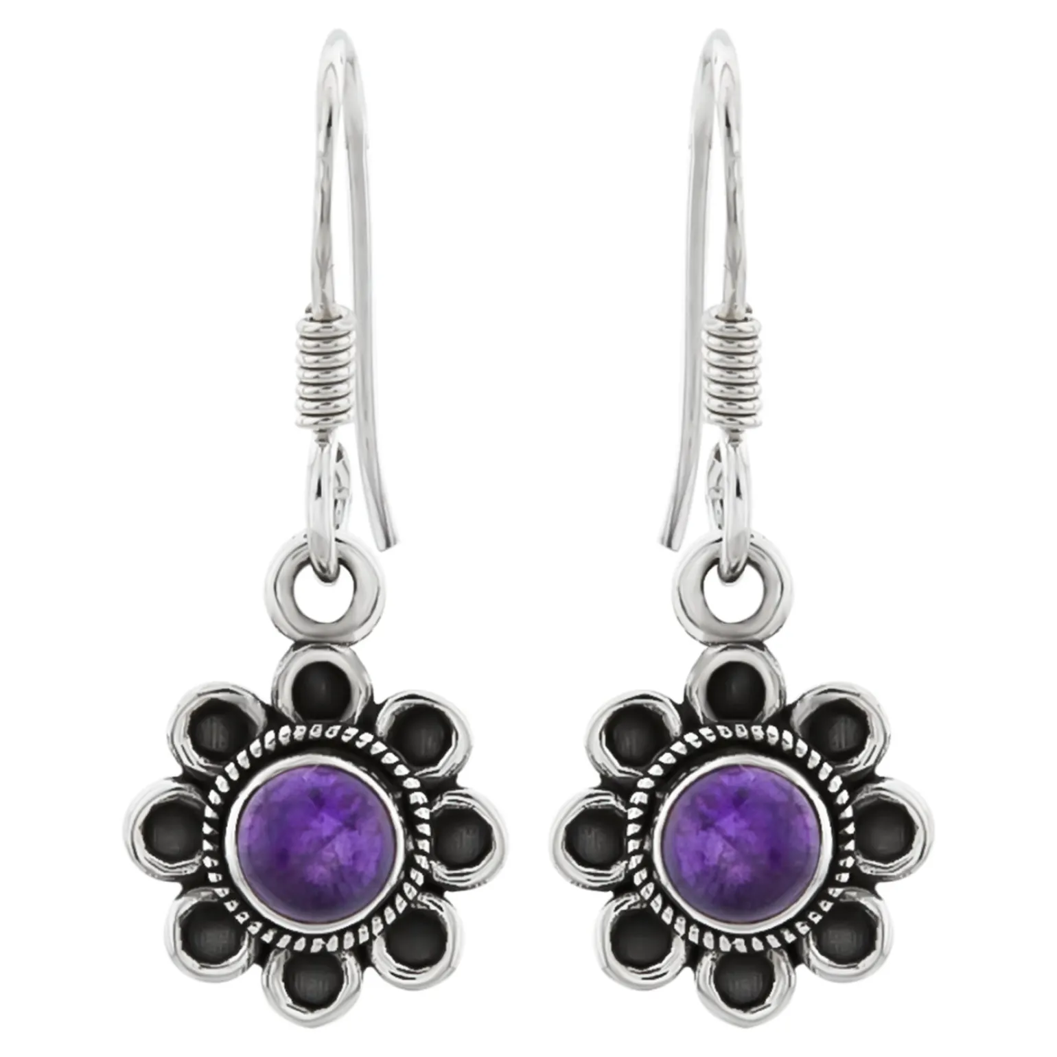 Zilveren oorhangers, bloem met ronde amethyst steen