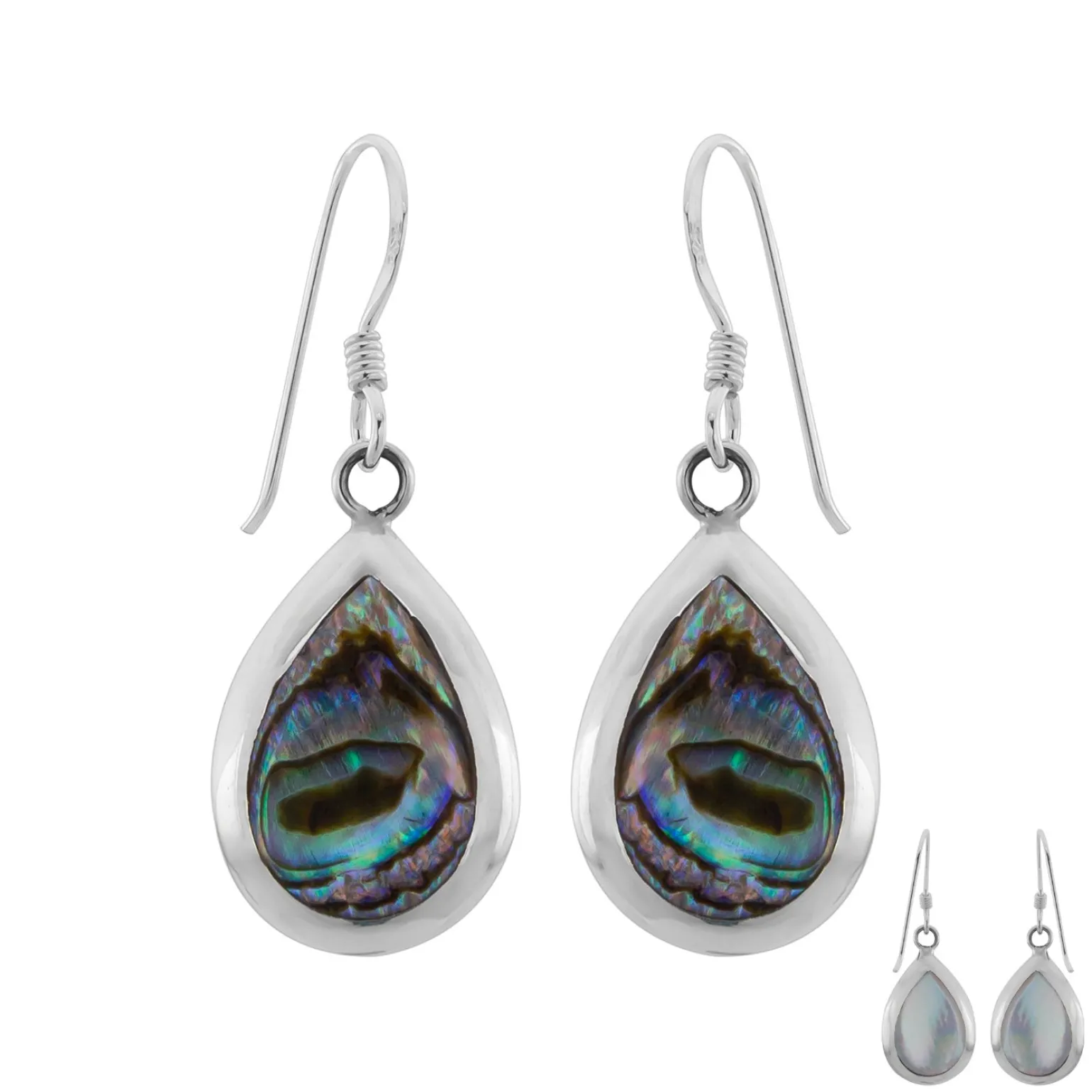 Zilveren oorhangers, druppelvorm met abalone steen