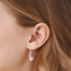 Zilveren oorhangers, eenhoorn met geel en oranje staart en roze manen