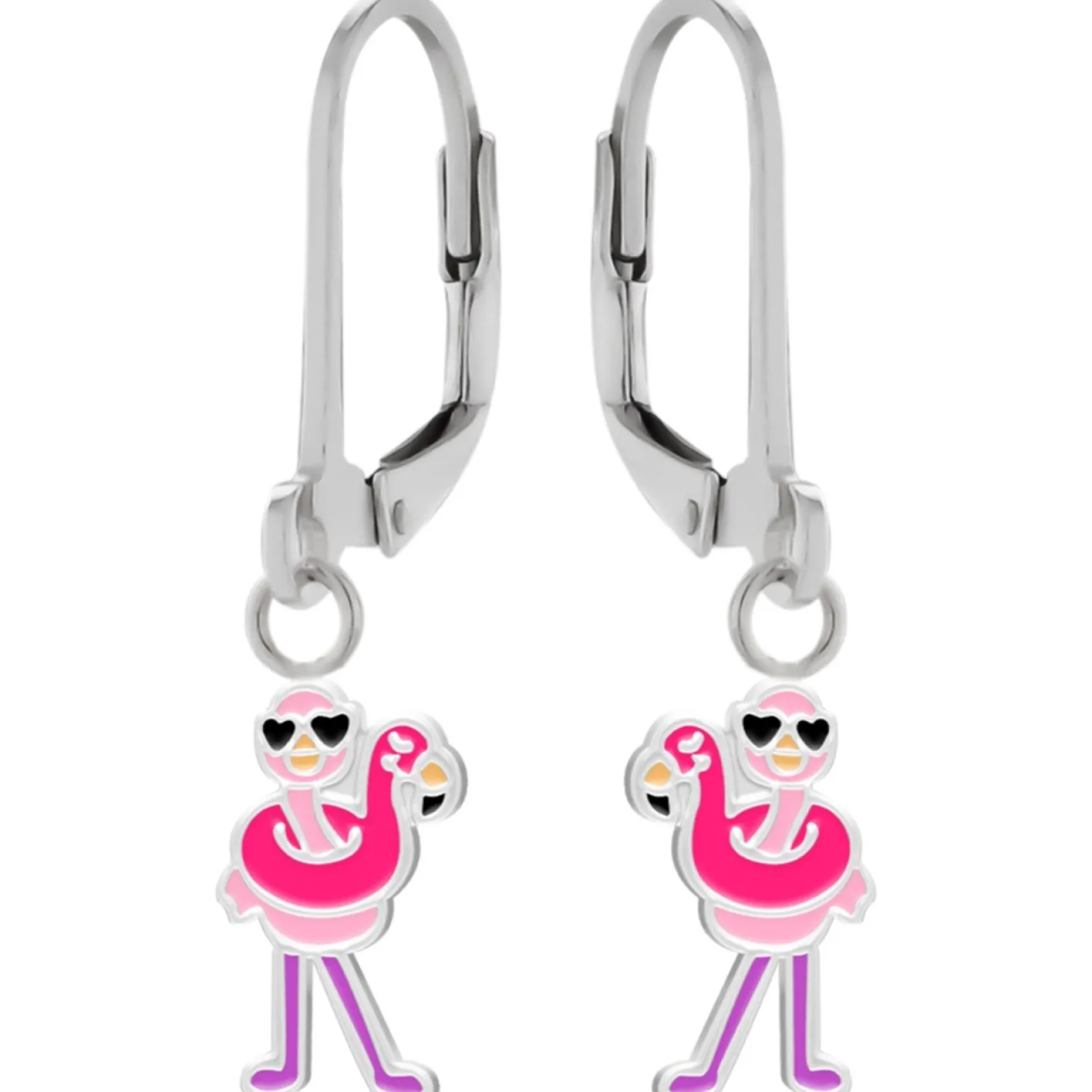 Zilveren oorhangers, flamingo met zwemband en hartjes zonnebril
