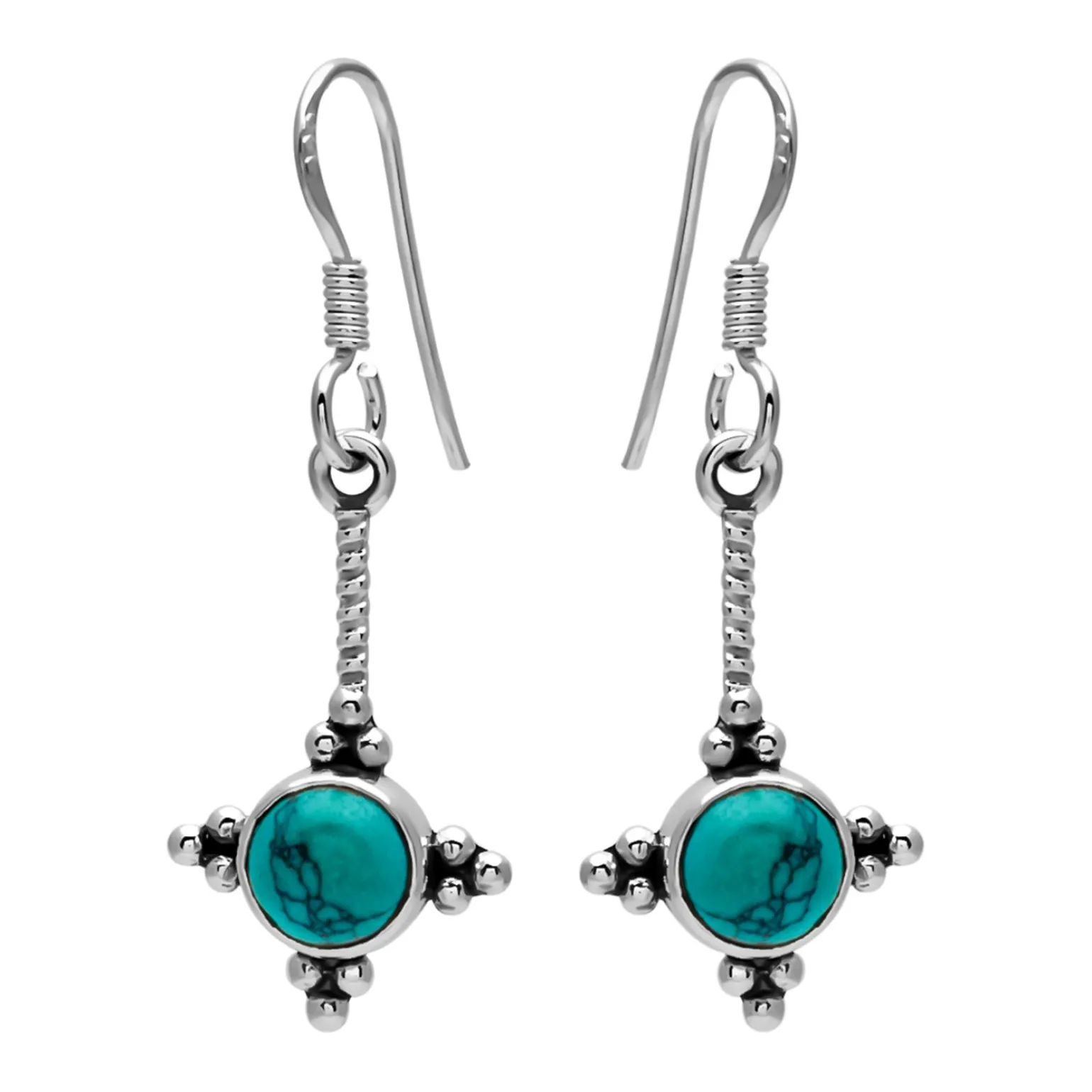 Zilveren oorhangers, gedraaid staafje met turquoise steen en bolletjes