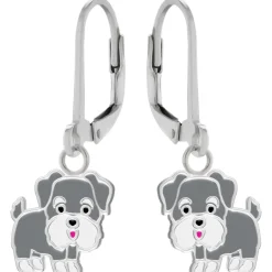 Zilveren oorhangers, grijze schnauzer hond