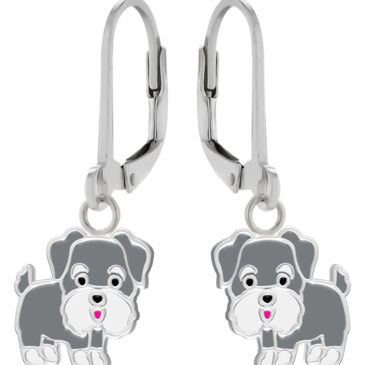 Zilveren oorhangers, grijze schnauzer hond