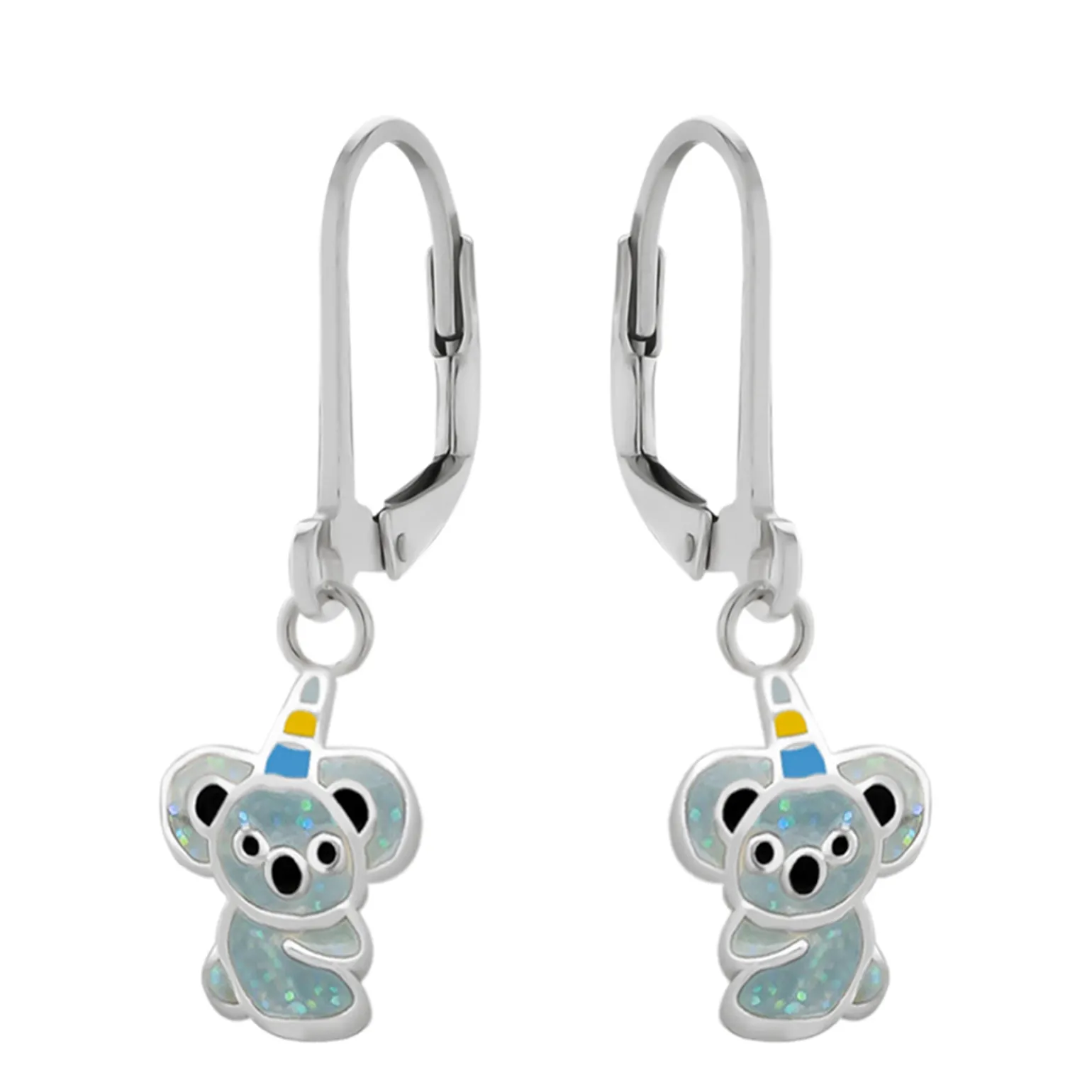 Zilveren oorhangers, koala met glitters en gekleurde unicorn hoorn