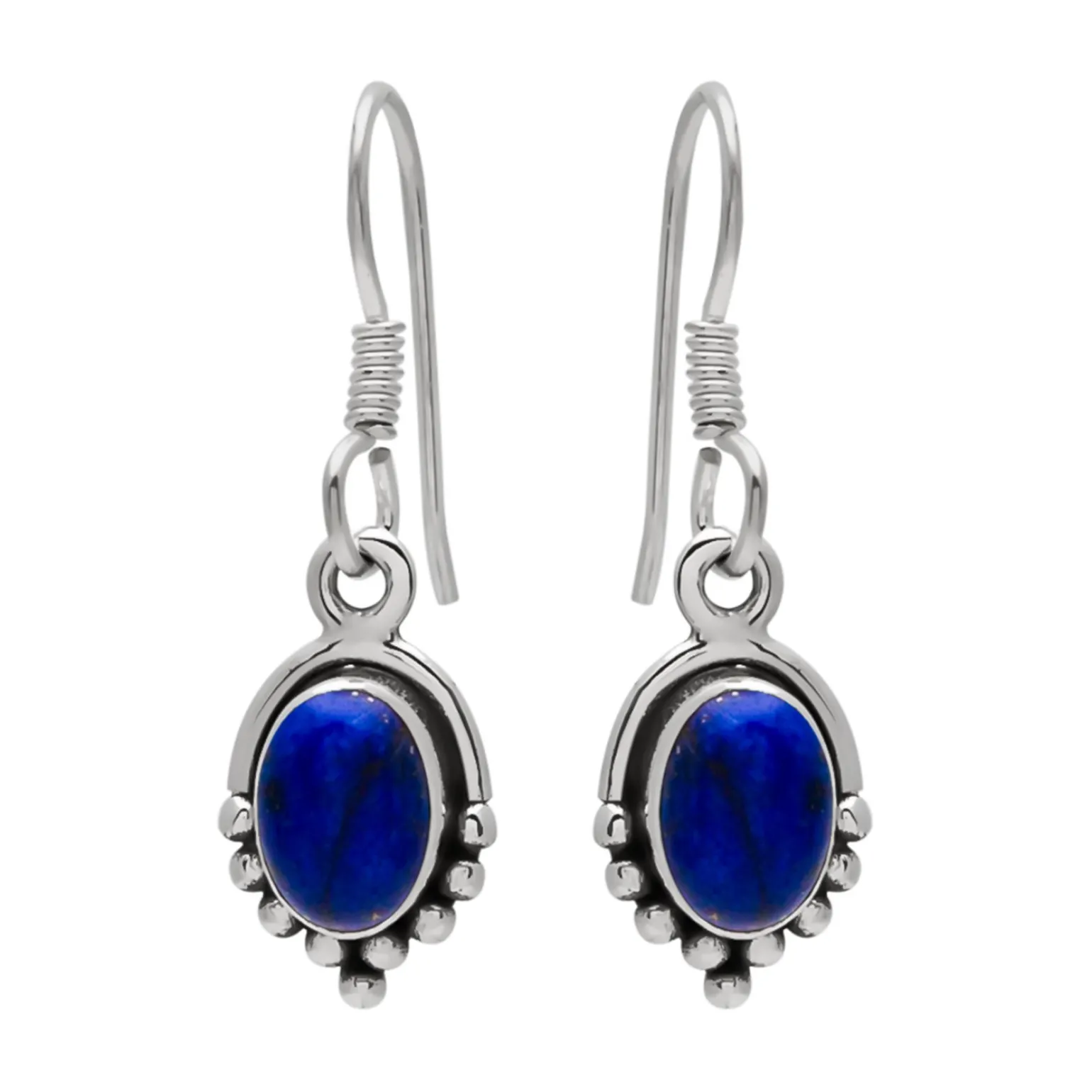 Zilveren oorhangers, lapis steen met gladde rand en bolletjes