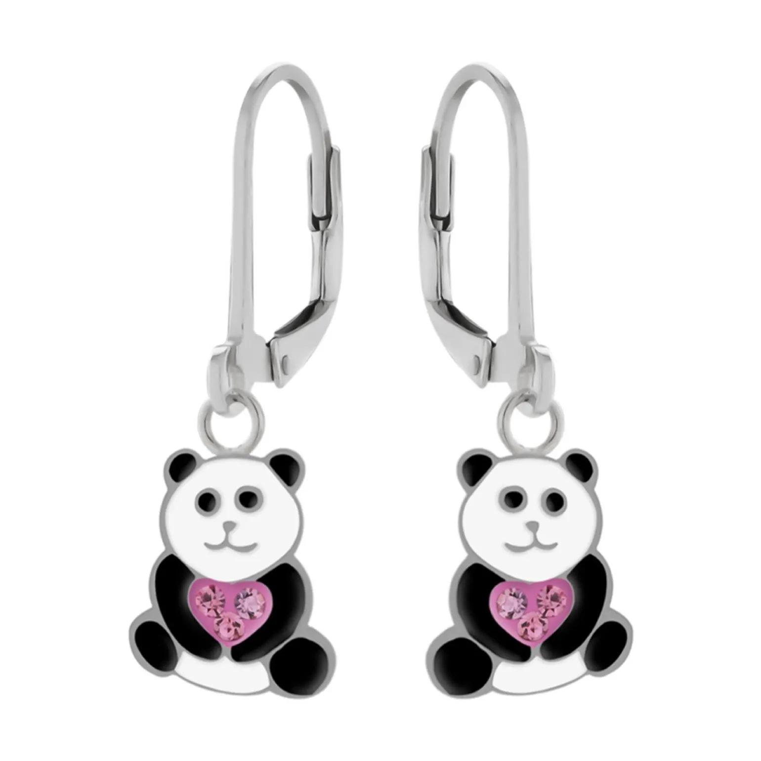Zilveren oorhangers, lieve panda met hart van kristallen