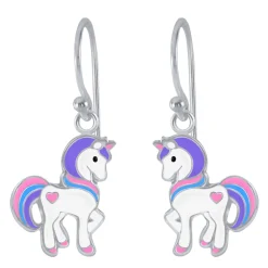 Zilveren oorhangers met eenhoorn, roze, blauw en paars