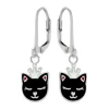 Zilveren oorhangers met hanger, zwarte kattenkop met glitterkroon