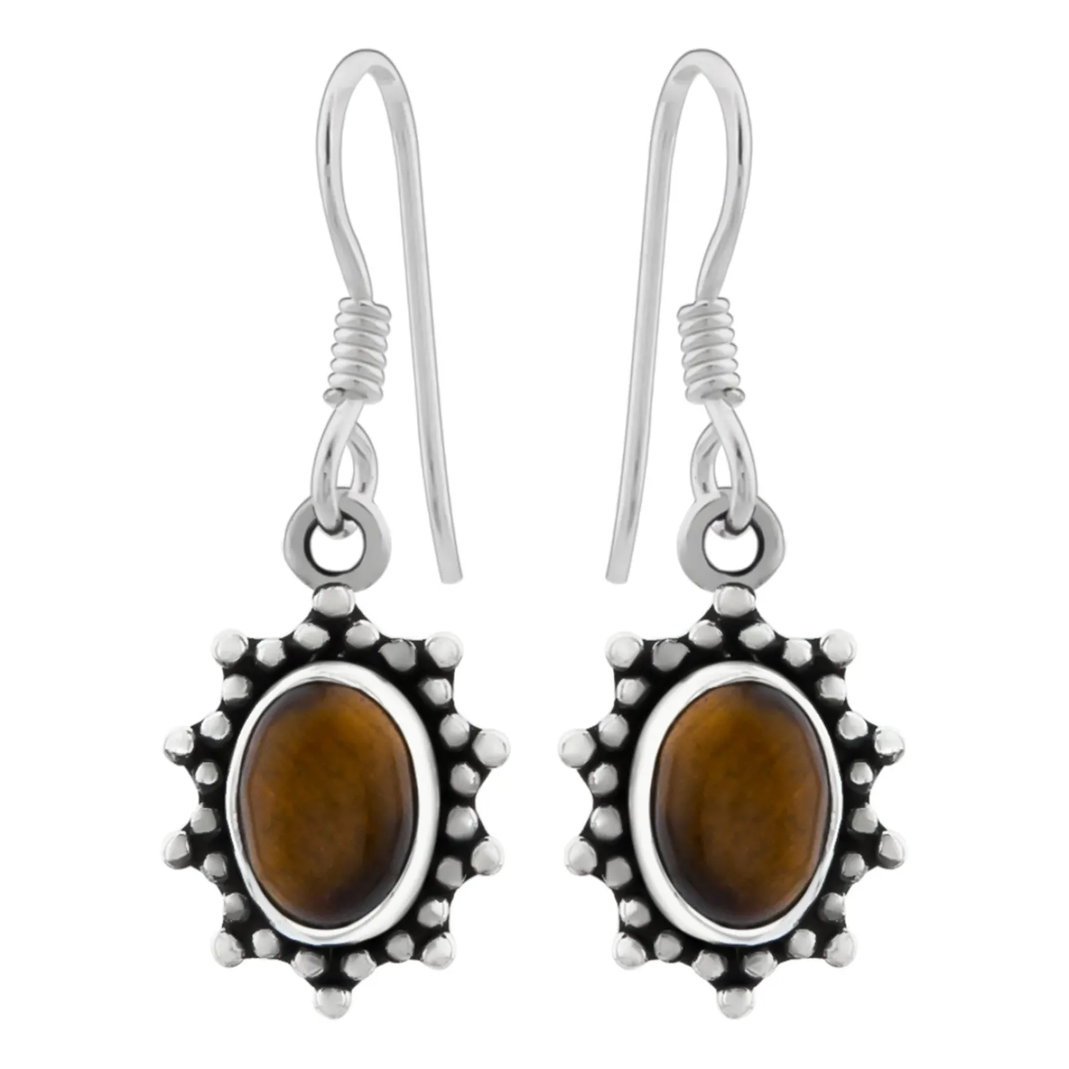 Zilveren oorhangers, ovale tiger eye steen met rand van bolletjes en punten