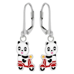Zilveren oorhangers, panda op rode scooter