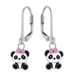 Zilveren oorhangers, panda met roze strikje