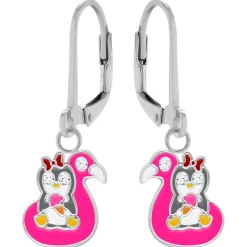 Zilveren oorhangers, pinguin met ijsje en kristalogen op flamingo