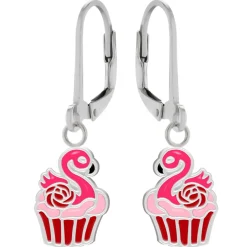 Zilveren oorhangers, rode cupcake met roze zwaan