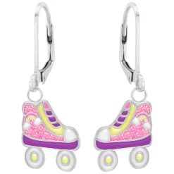 Zilveren oorhangers, rolschaats in pastelkleuren met regenboog en glitters