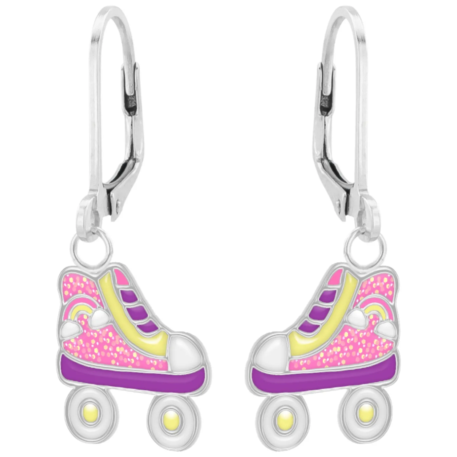 Zilveren oorhangers, rolschaats in pastelkleuren met regenboog en glitters